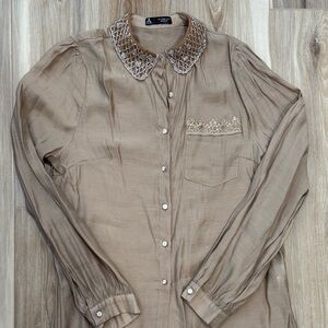 Tan Button-Up Blouse with Lace Collar